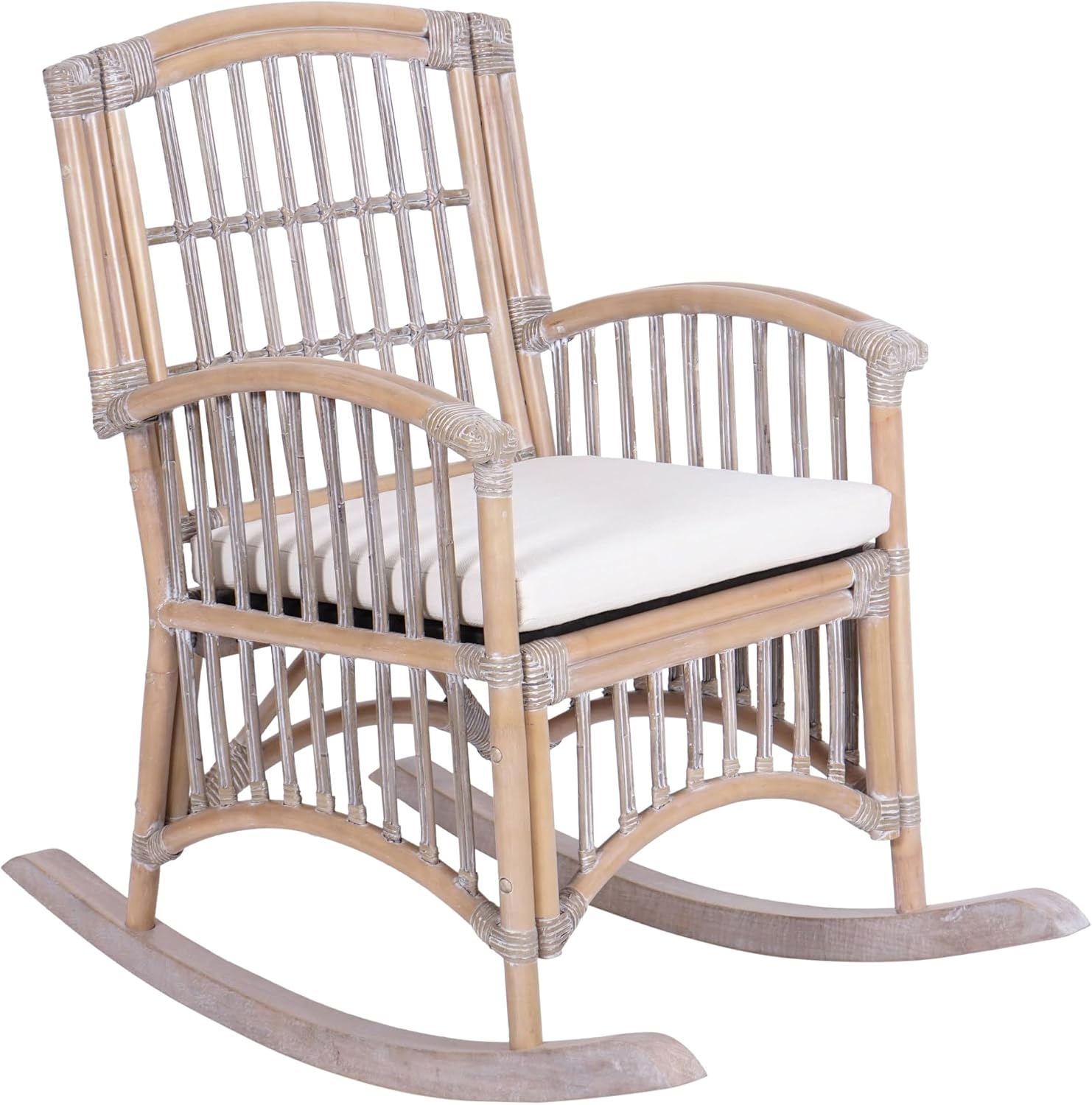 JONATHAN Y RCK200B Swayze Bohemian Farmhouse Woven Rattan/Wood Rocking Chair White Cushion with Gray/White Wash Frame for Home, Living Room, Bedroom, Guestroom, Foyer, Library