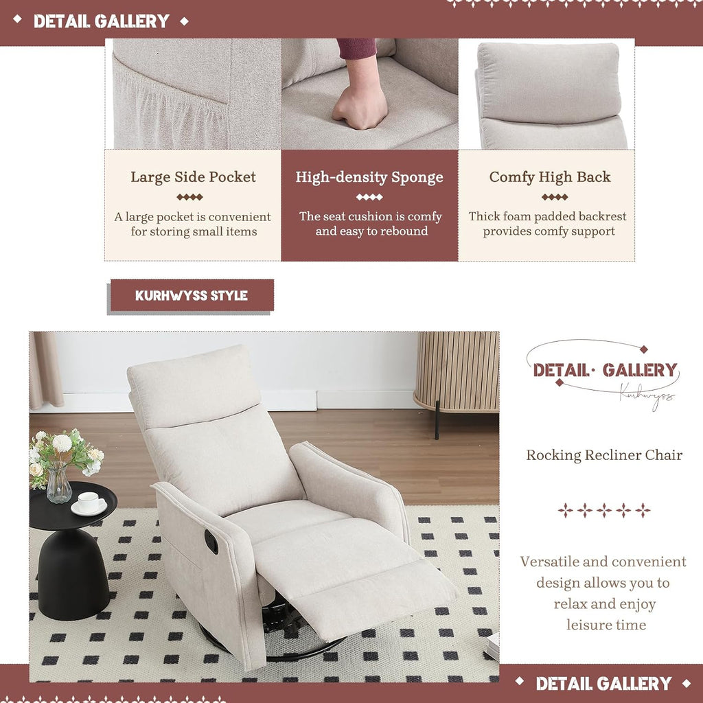 Rocking Recliner Chair with Heat and Massage, 360° Swivel Glider Rocker with Reclining Backrest and Footrest, Modern Nursery Rocking Chairs for Adults for Bedroom, Living Room, Office (Beige)