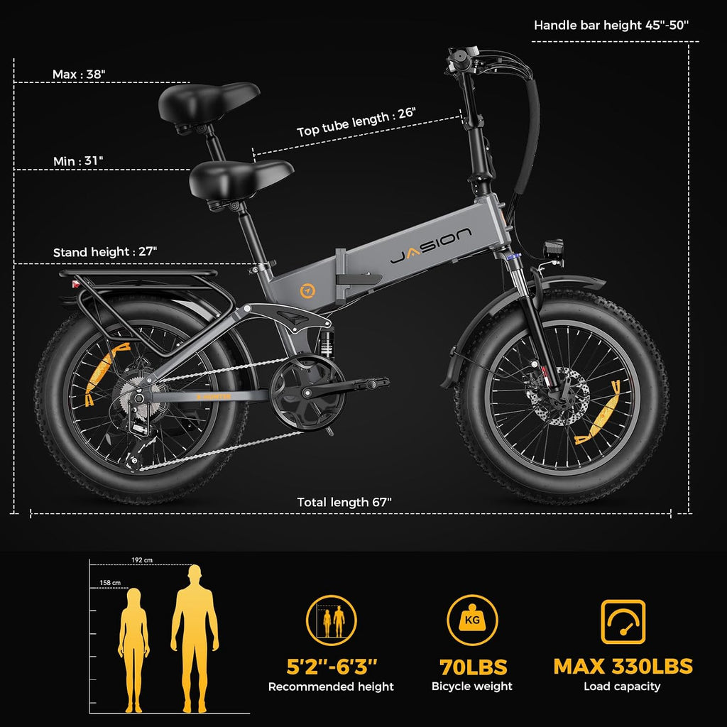 Jasion X-Hunter Electric Bike for Adults,1400W Peak Motor 30MPH Max Speed,48V 13AH Removable Battery,20 * 4.0 Fat Tire Foldable Ebike,7-Speed Bicycles, with Saddle Bag and Phone Mount