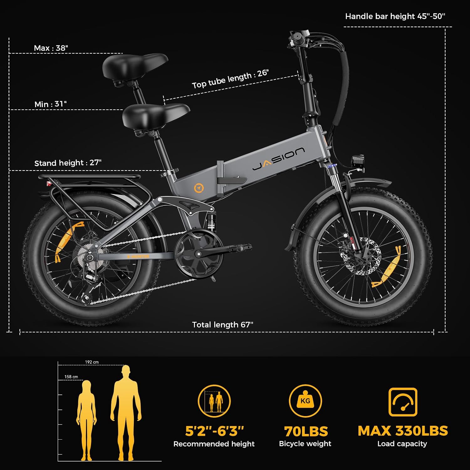 Jasion X-Hunter Electric Bike for Adults,1400W Peak Motor 30MPH Max Speed,48V 13AH Removable Battery,20 * 4.0 Fat Tire Foldable Ebike,7-Speed Bicycles, with Saddle Bag and Phone Mount