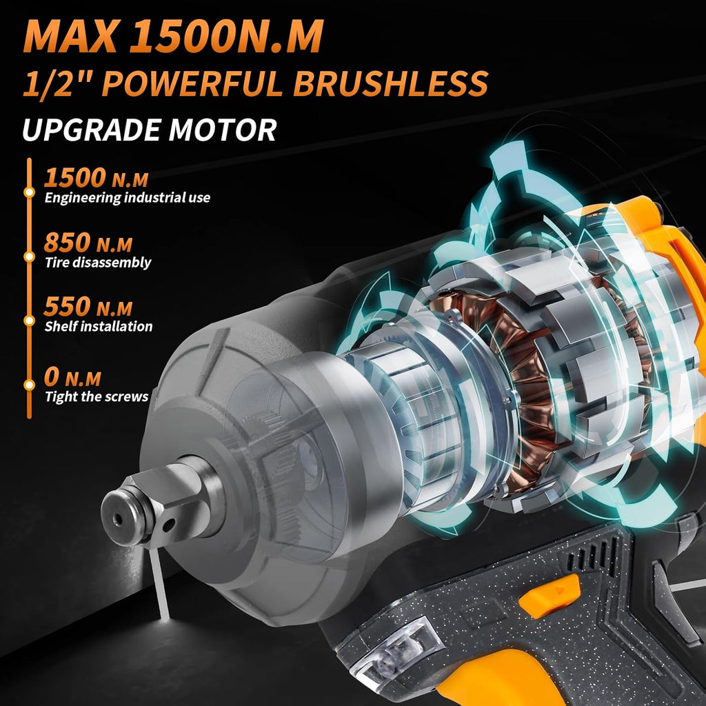 JEXUGK 1500Nm Impact Wrench, 1/2' 1107ft-lbs Cordless Impact Gun with 2 x 4.0Ah Battery, 21V High Torque Power Impact Driver with 6 Sockets,Pistola Llave De Impacto for Truck RV Car Heavy Construction