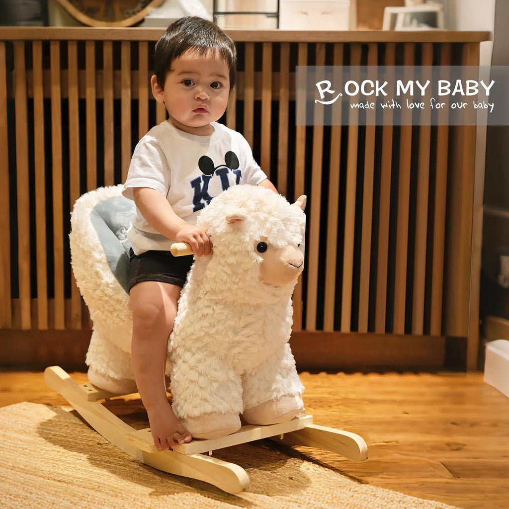 Rock My Baby Baby Rocking Horse Alpaca Llama with Chair, Plush Stuffed Animal Rocker for Toddlers 1-3, Wooden Rocking Toy Llama Animal, Cream Llama,CPC Certified