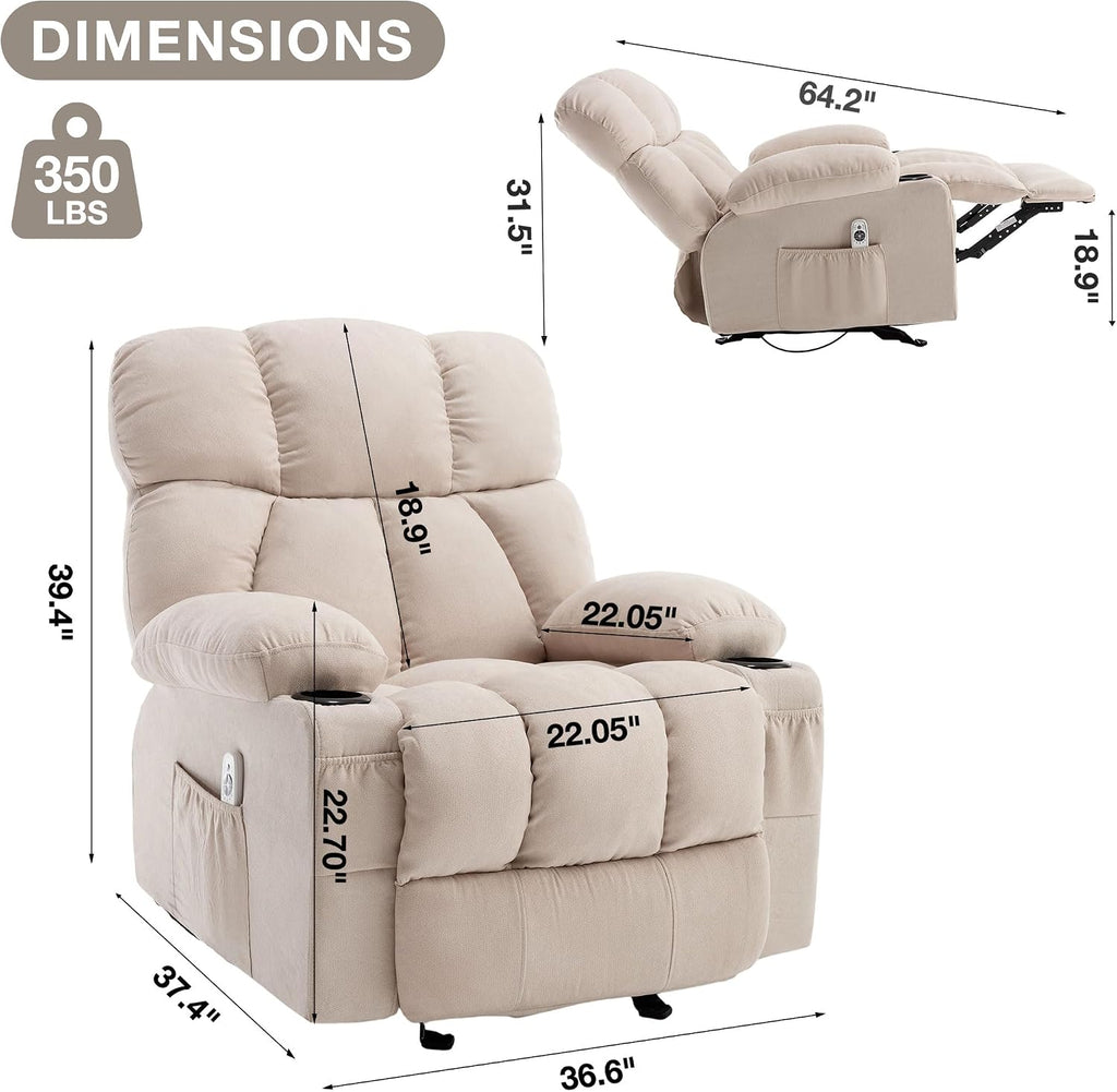Massage Rocker Recliner Chair with Heat and Vibration Ergonomic Rocking Lounge Chair for Living Room Comfy Overstuffed Recliner with 4 Side Pockets, 2 Cup Holders, Beige