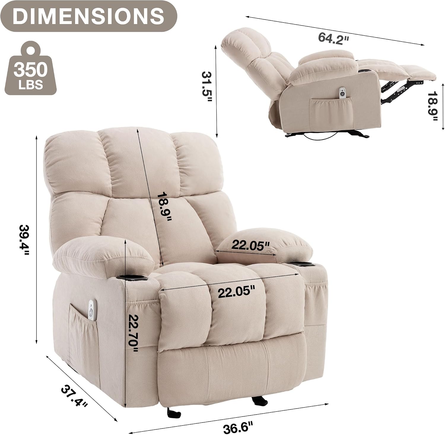 Massage Rocker Recliner Chair with Heat and Vibration Ergonomic Rocking Lounge Chair for Living Room Comfy Overstuffed Recliner with 4 Side Pockets, 2 Cup Holders, Beige