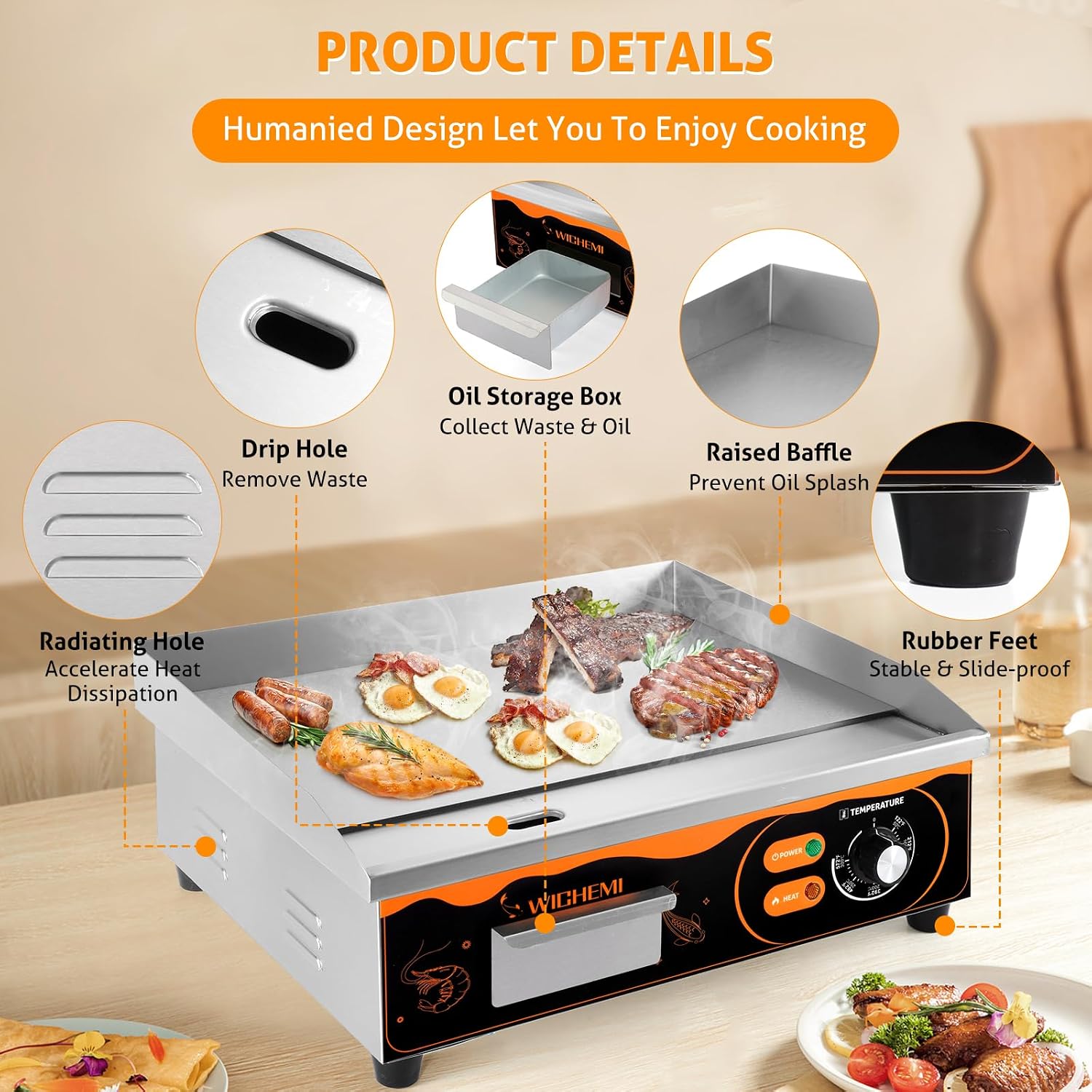 WICHEMI 22' Electric Grill Commercial Countertop Griddle Flat Top Grill Hot Plate Non-Stick Stainless Steel Teppanyaki Grill for Restaurant Kitchen, 110V 3000W