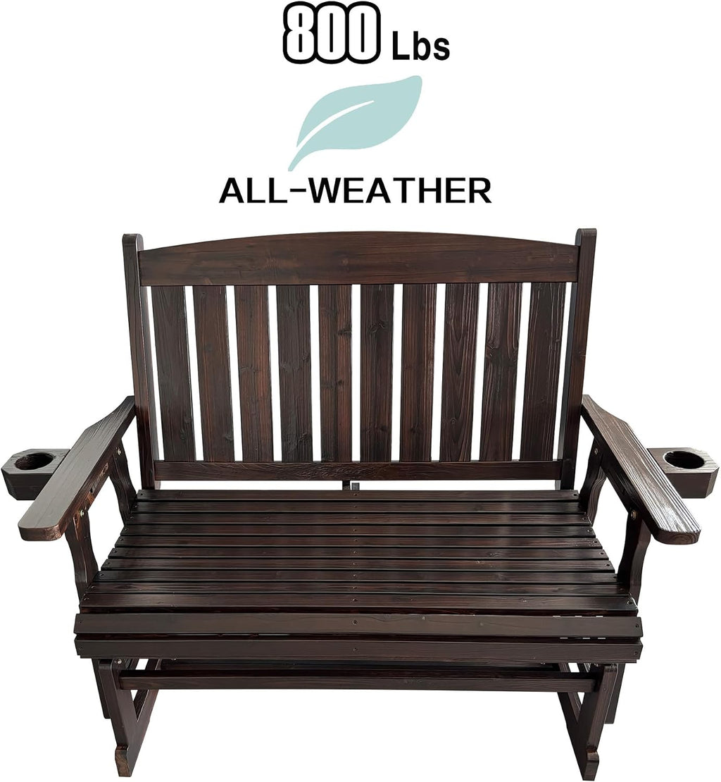 Fortune Candy Wooden Patio Glider for One Person, with High Back and Deep Contoured Seat, Solid Fir Wood, Heavy Duty 600 LBS (Deep Brown, 2-Seater)