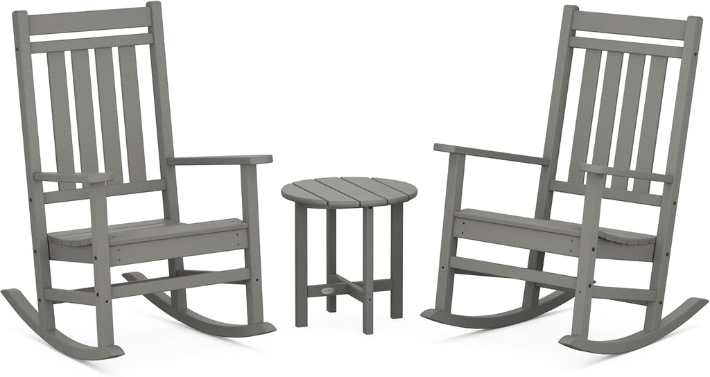 POLYWOOD Estate 3-Piece Rocking Chair Set, Outdoor Porch Rockers with Side Table, HDPE Patio Furniture, Fade-Proof, Slate Grey