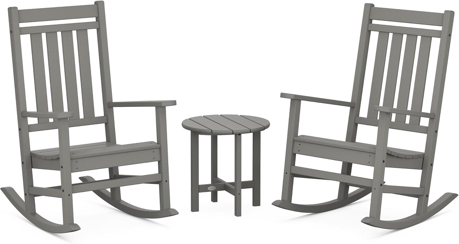 POLYWOOD Estate 3-Piece Rocking Chair Set, Outdoor Porch Rockers with Side Table, HDPE Patio Furniture, Fade-Proof, Slate Grey