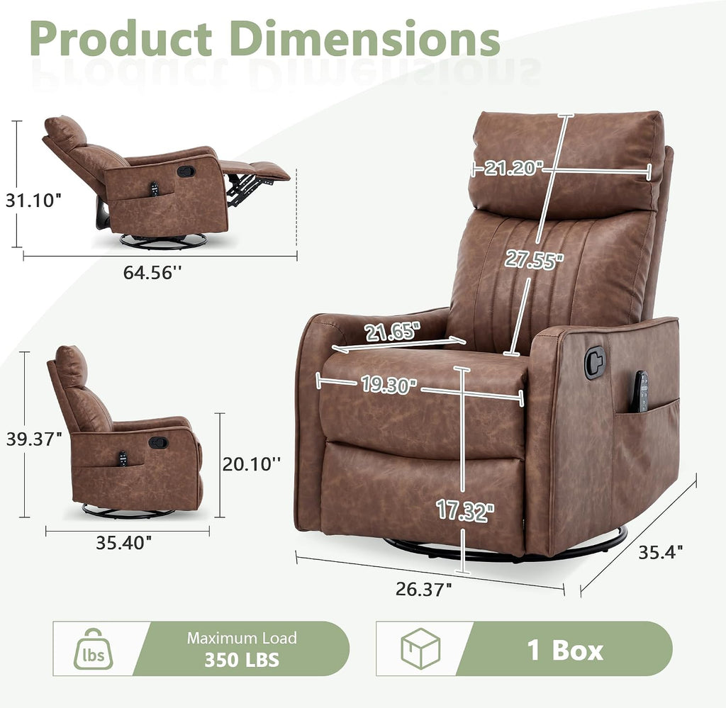 cinkehome Swivel Rocker Recliner, Glider Rocker Recliner Chair for Nursery, Manual Reclining Chair with Heated Massage, Small Spaces, Living Room, Faux Leather Light Brown