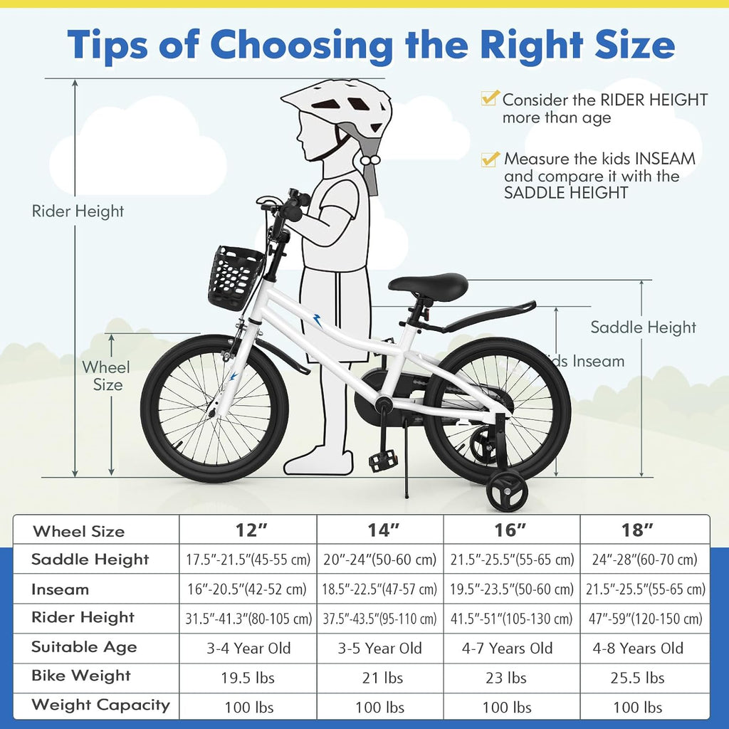 COSTWAY Kids Bike, 12 14 16 18 20 Inch Toddler Bike for Boys & Girls Aged 3-8 Years Old, Kids Bicycle w/Removable Training Wheels, Handbrake & Coaster Brake, Basket, Bell