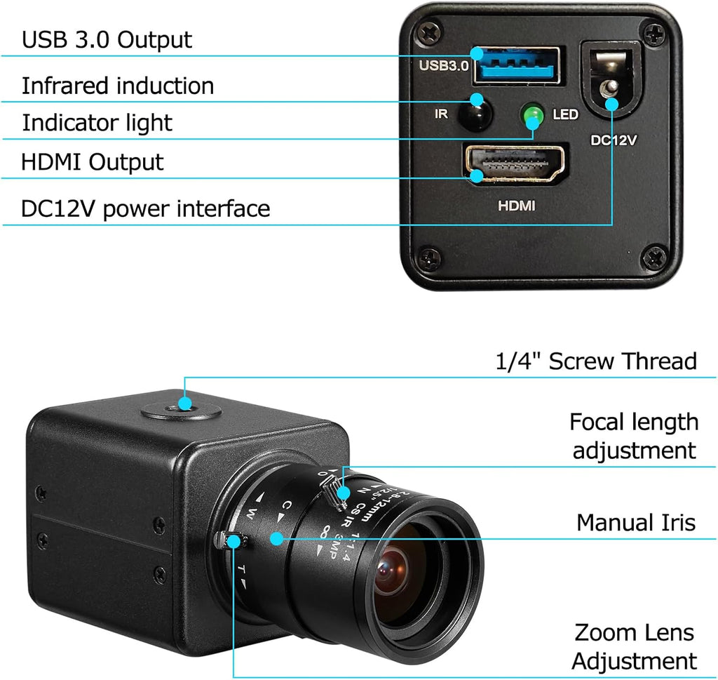 HDMI USB3.0 Dual Output HD YUY2 1080P 60fps Digital Security Camera, Industry Digital C-Mount with Manual 2.8-12mm Varifocal HD Lens, OSD Menu via Remote Controller