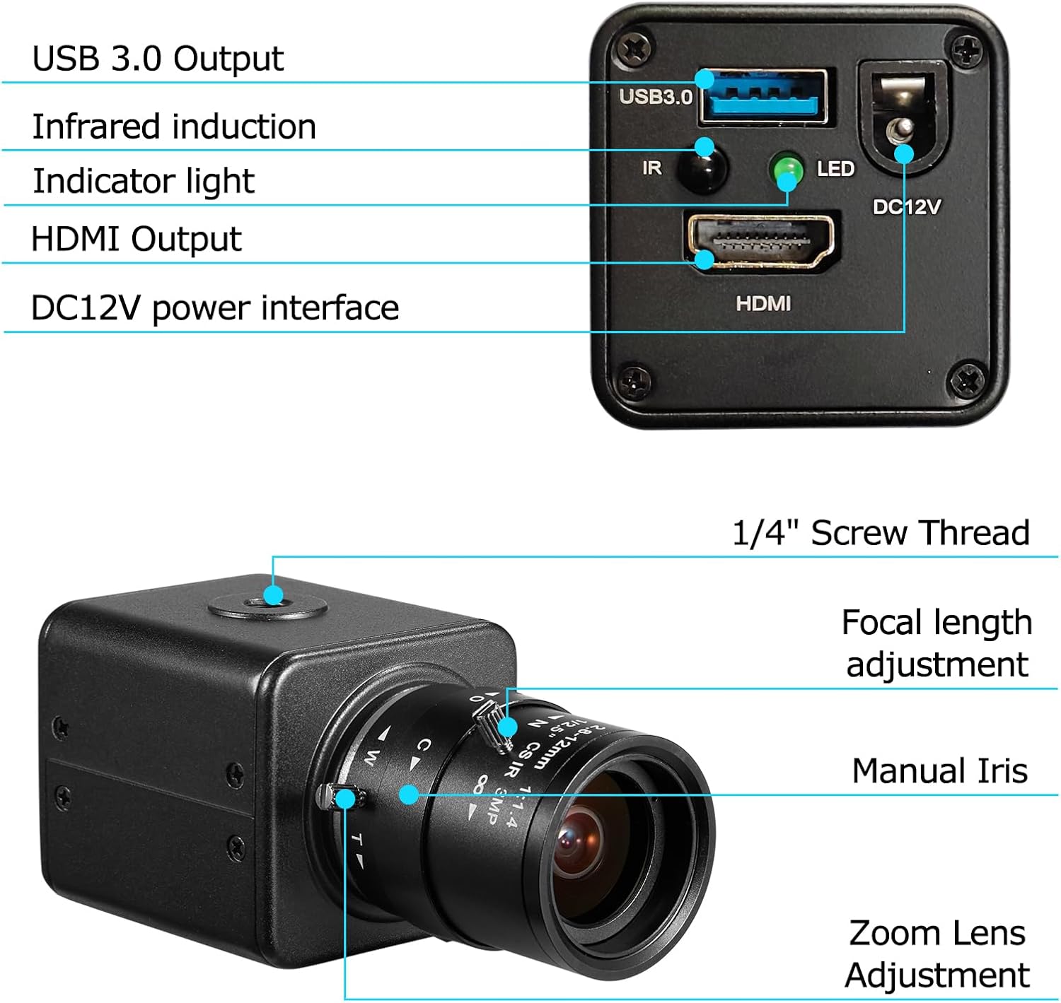 HDMI USB3.0 Dual Output HD YUY2 1080P 60fps Digital Security Camera, Industry Digital C-Mount with Manual 2.8-12mm Varifocal HD Lens, OSD Menu via Remote Controller