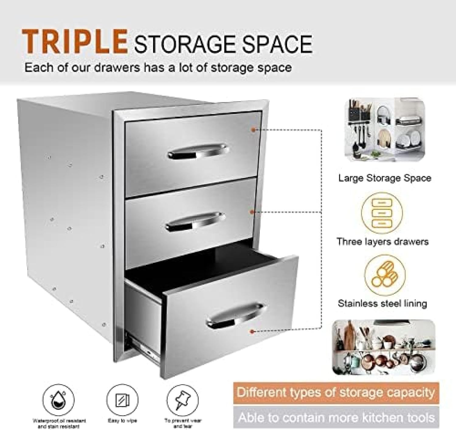 Stainless Steel Double Drawers for Outdoor Kitchen Grilling Station - 18Wx23Dx23H-3L