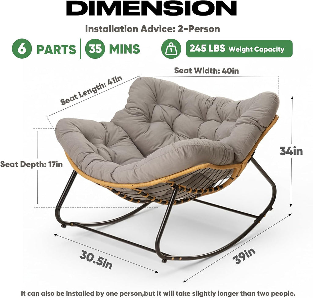 Papasan Chair with Cushion, Oversized Outdoor Rocking Chair, Patio Egg Chair Outdoor, Wicker Modern Cozy Comfy Chair for Bedroom, Living Room, Garden, Balcony, Lawn, Light Grey
