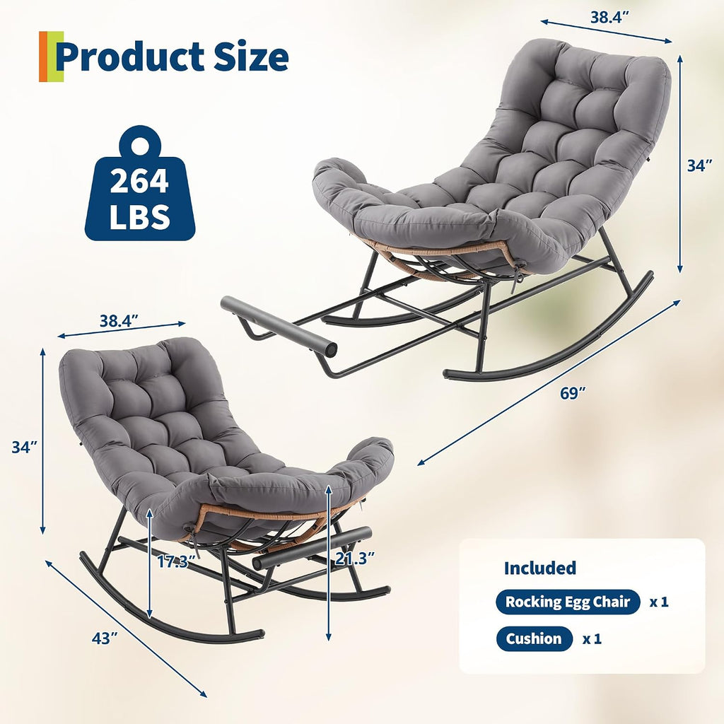 Garvee Outdoor Rocking Chair with Footrest, Oversized Patio Papasan Chairs with Cushion, Modern Lounge Rocker Chair for Indoor Living Room Garden Porch Balcony, Grey
