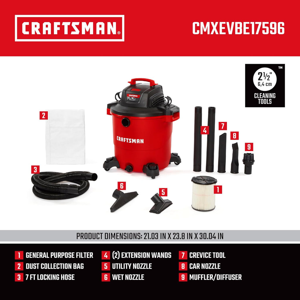 CRAFTSMAN CMXEVBE17596 20 Gallon 6.5 Peak HP Wet Dry Vac, Heavy-Duty Shop Vacuum Wet and Dry with Filter, Dust Bag, Hose and Attachments for Shop, Garage, Jobsite Cleaning