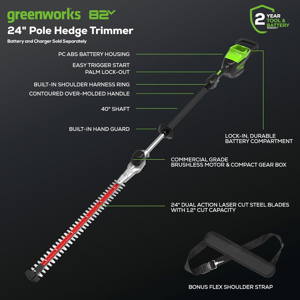 Greenworks 82V 24' Brushless Cordless Fixed Mid Pole Hedge Trimmer, 2.5Ah Battery and Dual Port Rapid Charger (Great for Landscapers and Professionals)
