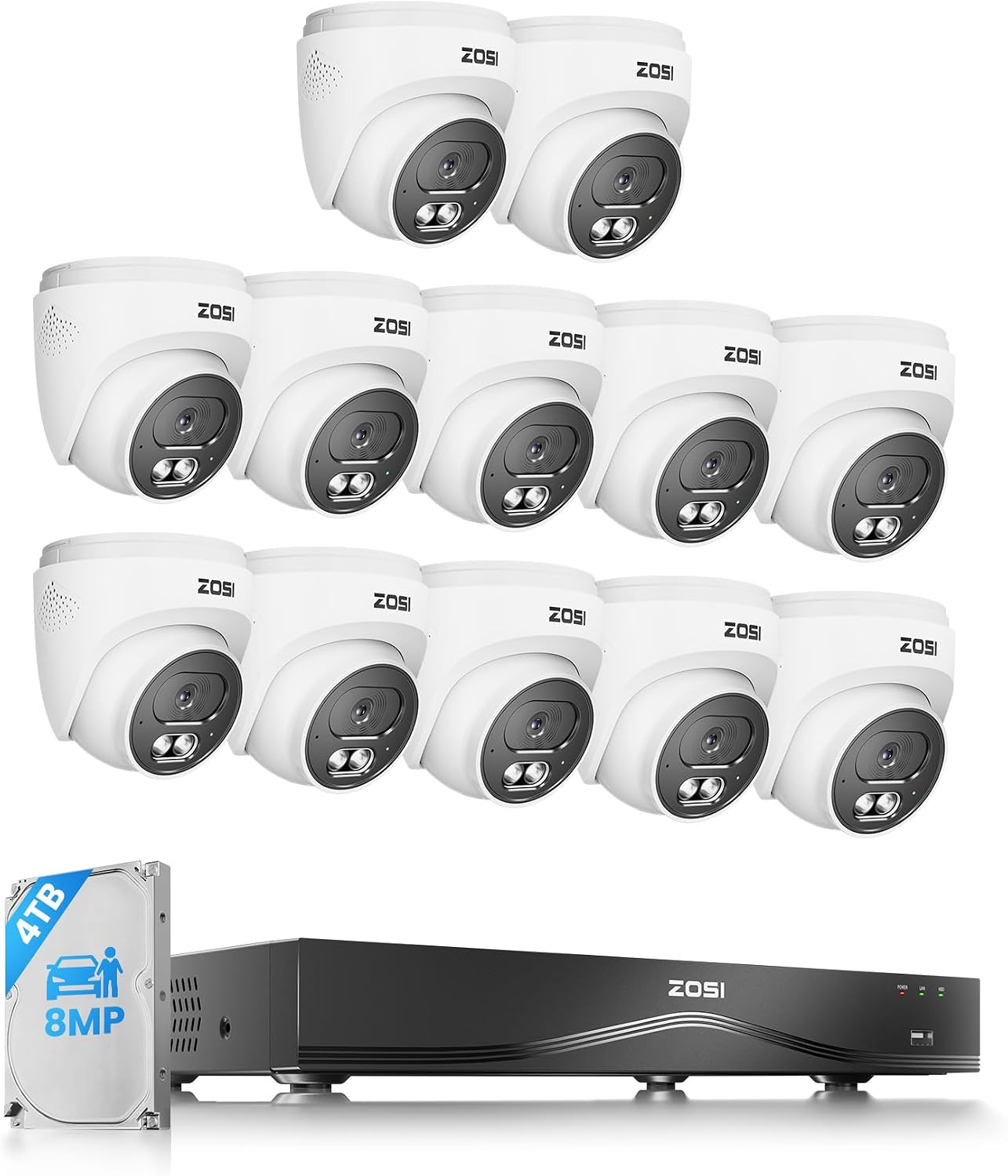 ZOSI C220 4K 8MP 16CH POE NVR Security Camera System (32CH Expandable), 12 x 8MP PoE IP Cameras Outdoor Indoor, 24/7 Recording, AI Human/Vehicle/Face Detection, Two-Way Talk, Night Vision, 4TB HDD