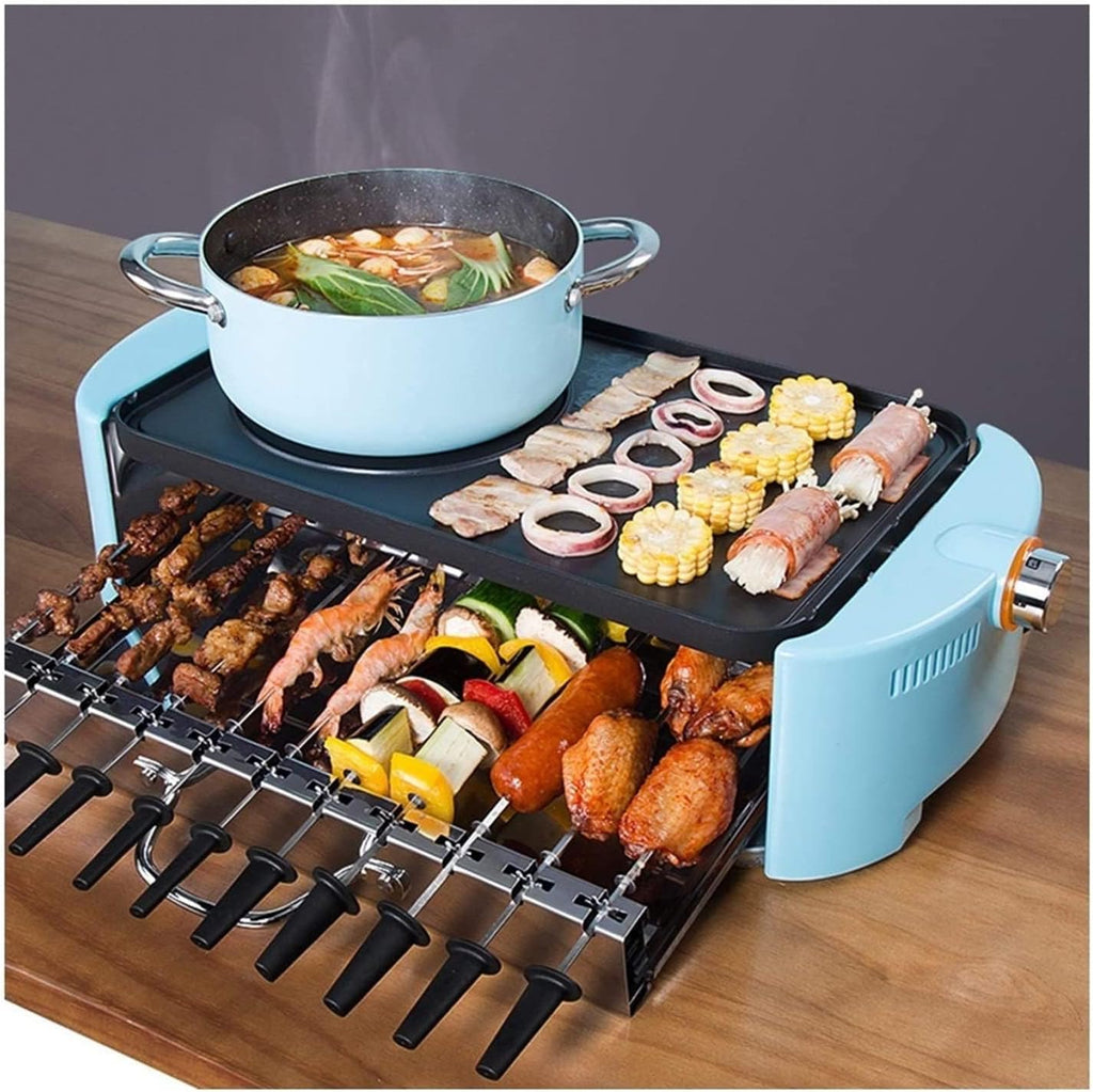 Electric BBQ Grill Indoor Portable Electric Grill, Indoor Hot Pot Chafing Dish Electric Barbecue Grill Non-stick Baking Tray Skewers, Large Capacity Household Multifunctional (Color : Blue)