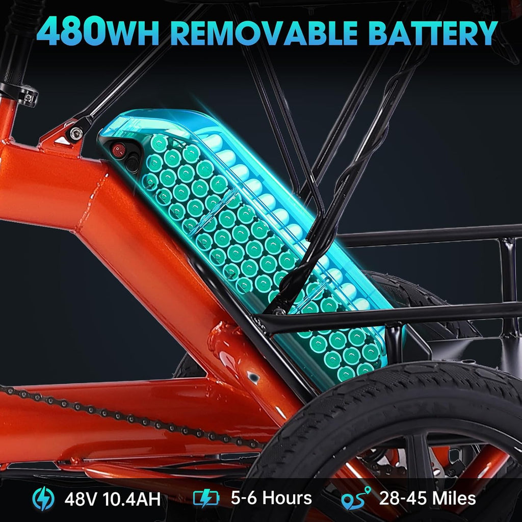 E Trike Electric Bike, 350W(Peak 500W) Brushless Motor Folding Trike, 2 Seats Ebike, 480Wh Removable Battery, Step-Thru 3 Wheel Electric Bicycle, Up to 45 Miles, Tricycle for Adults Parents