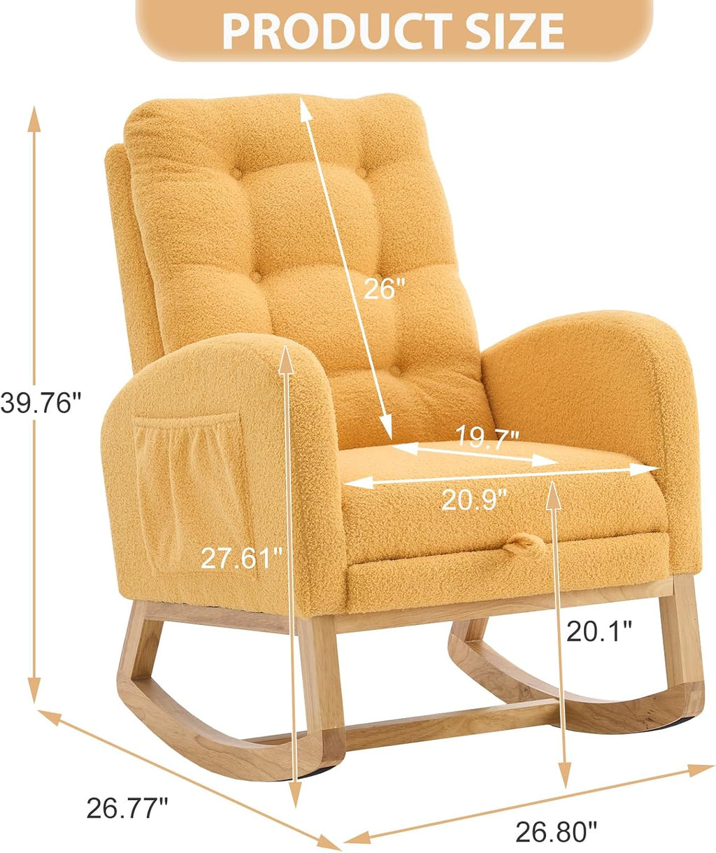 cinkehome Nursery Rocking Chair with Retractable Foot Rest, Teddy Glider Rocking Chair, Mid Century Rocker Chair, High Back, Solid Wood Legs