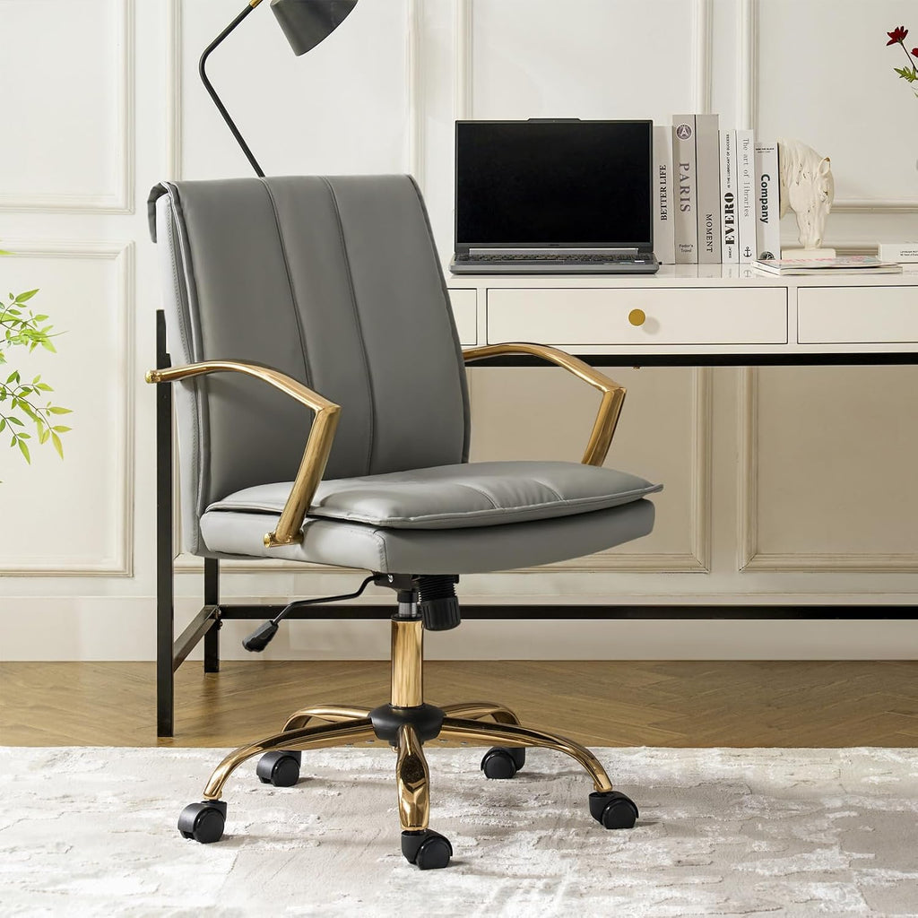 HULALA HOME Faux Leather Office Chair, Modern Adjustable Swivel Rocking Rolling Wheels Computer Desk Chair with Gold Legs and Arms, Upholstered Study Chair (Grey)