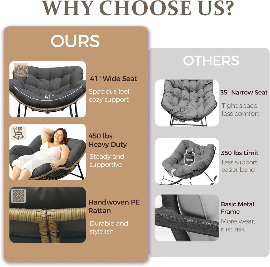 FINCATI 2 PCS Indoor Outdoor Papasan Rocking Chair, Oversized Double Wide PE Wicker Recliner with Cushion and Frame, 700 lbs Capacity, Comfy Lounge Chairs for Reading, Bedroom, Balcony & Garden Grey
