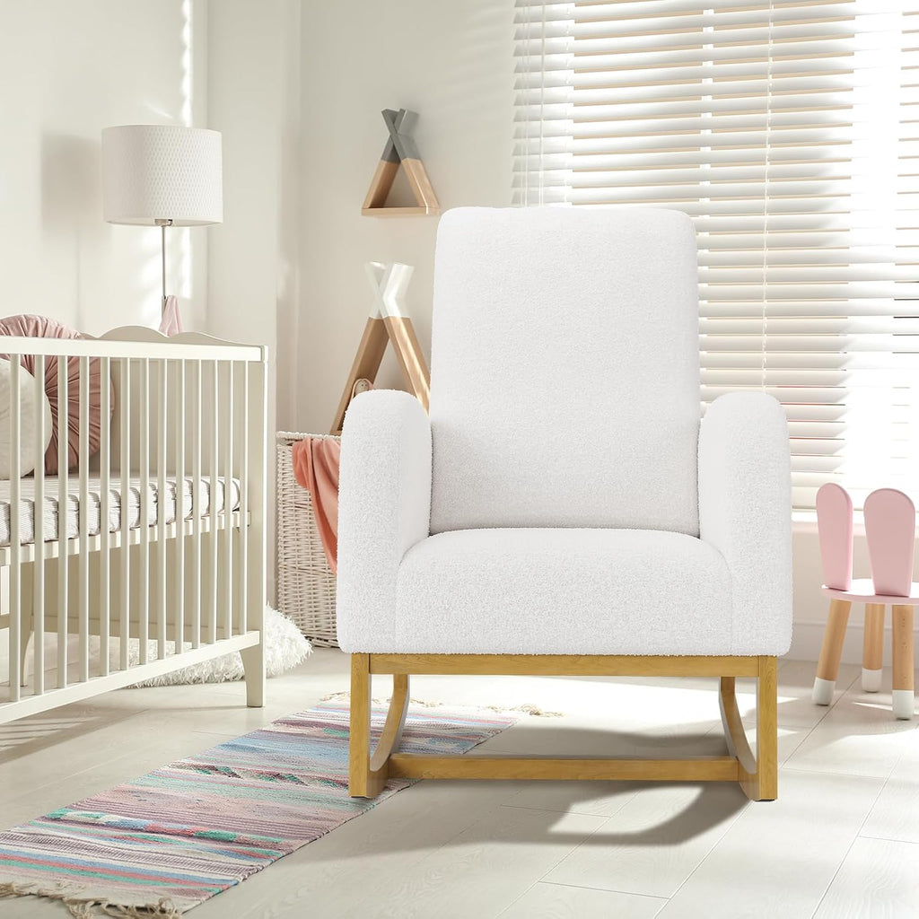 Teddy Upholstered Rocking Chair Nursery, Glider Rocker Chair with High Backrest and Side Pocket, High Back Accent Chair with Wood Legs, Comfy Side Chair for Nursery- White