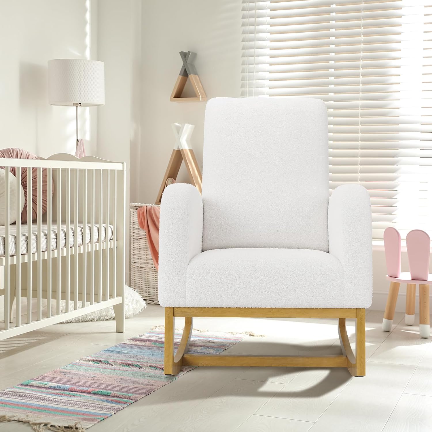 Teddy Upholstered Rocking Chair Nursery, Glider Rocker Chair with High Backrest and Side Pocket, High Back Accent Chair with Wood Legs, Comfy Side Chair for Nursery- White