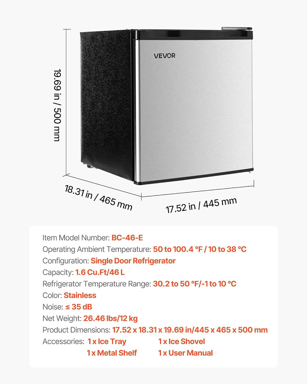 VEVOR Mini Fridge with Freezer, 1.6 Cu.Ft Compact Refrigerator, 7 Mode Adjustable Temperature, Energy Efficient Small Refrigerator, Reversible Door, Low Noise, for Bedroom, Office, Brushed Stainless