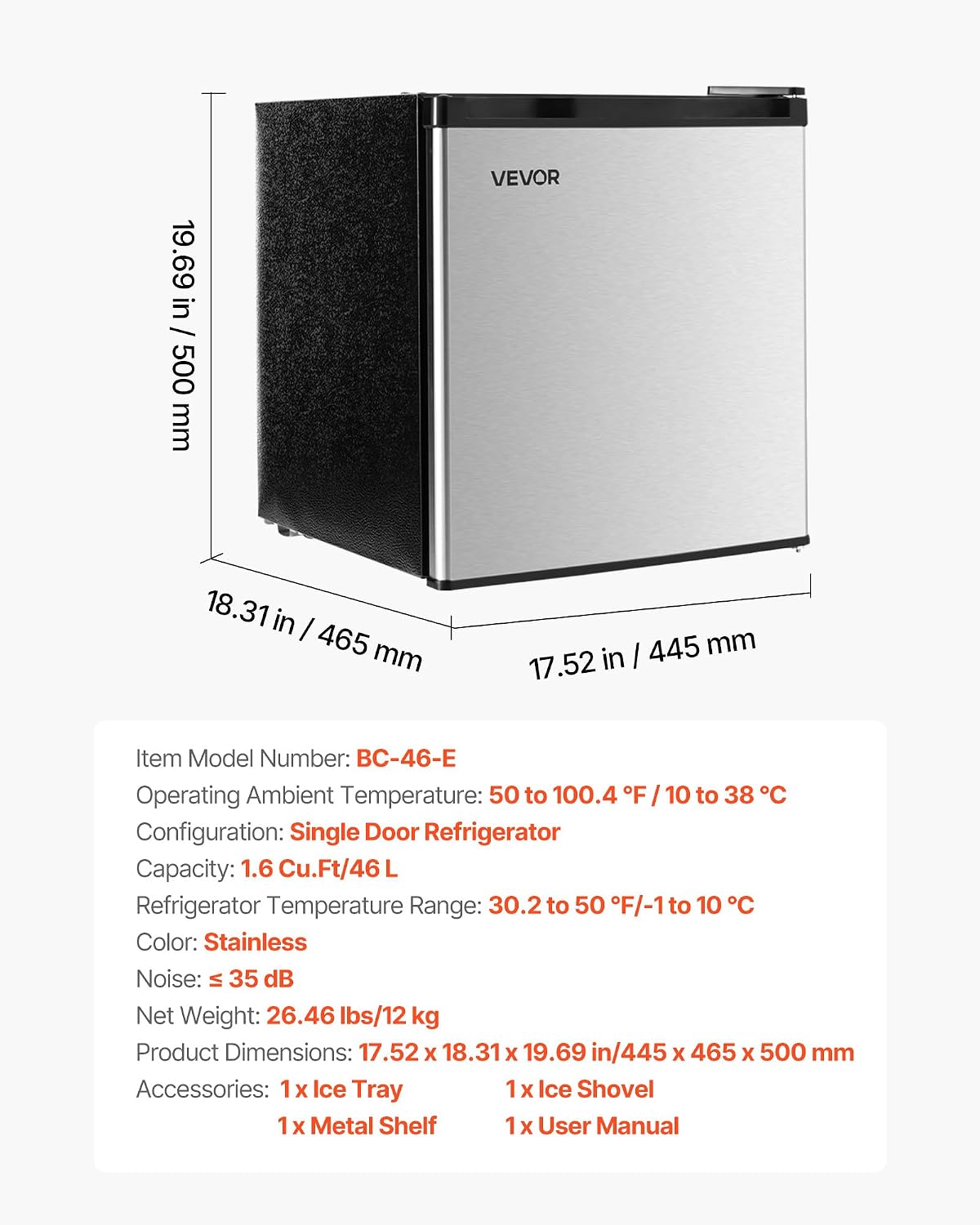 VEVOR Mini Fridge with Freezer, 1.6 Cu.Ft Compact Refrigerator, 7 Mode Adjustable Temperature, Energy Efficient Small Refrigerator, Reversible Door, Low Noise, for Bedroom, Office, Brushed Stainless