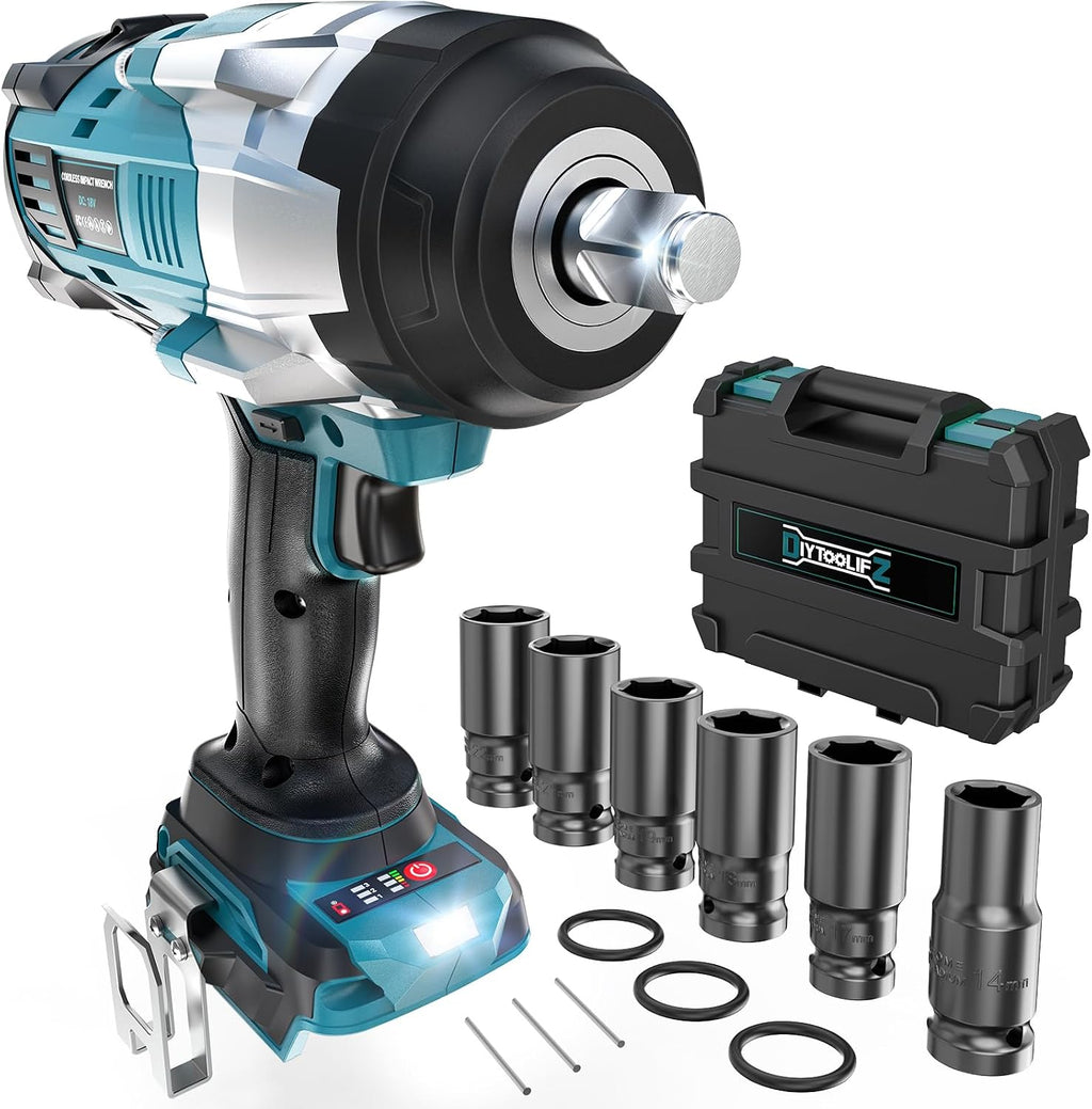 DIYtoolifz Cordless Impact Wrench 1/2' Compatible with Makita 18v Battery, 1700 Ft-lbs High Torque Impact Driver with 6Pcs Sockets & Storage Case, Impact Gun with 4 Modes & LED Light(Tool Only)