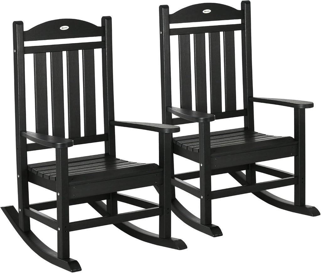 Outsunny 2 Pieces Outdoor Rocking Chair, All Weather-Resistant HDPE Rocking Patio Chairs with Rustic High Back, Armrests, Oversized Seat and Slatted Backrest, 350lbs Weight Capacity, Black