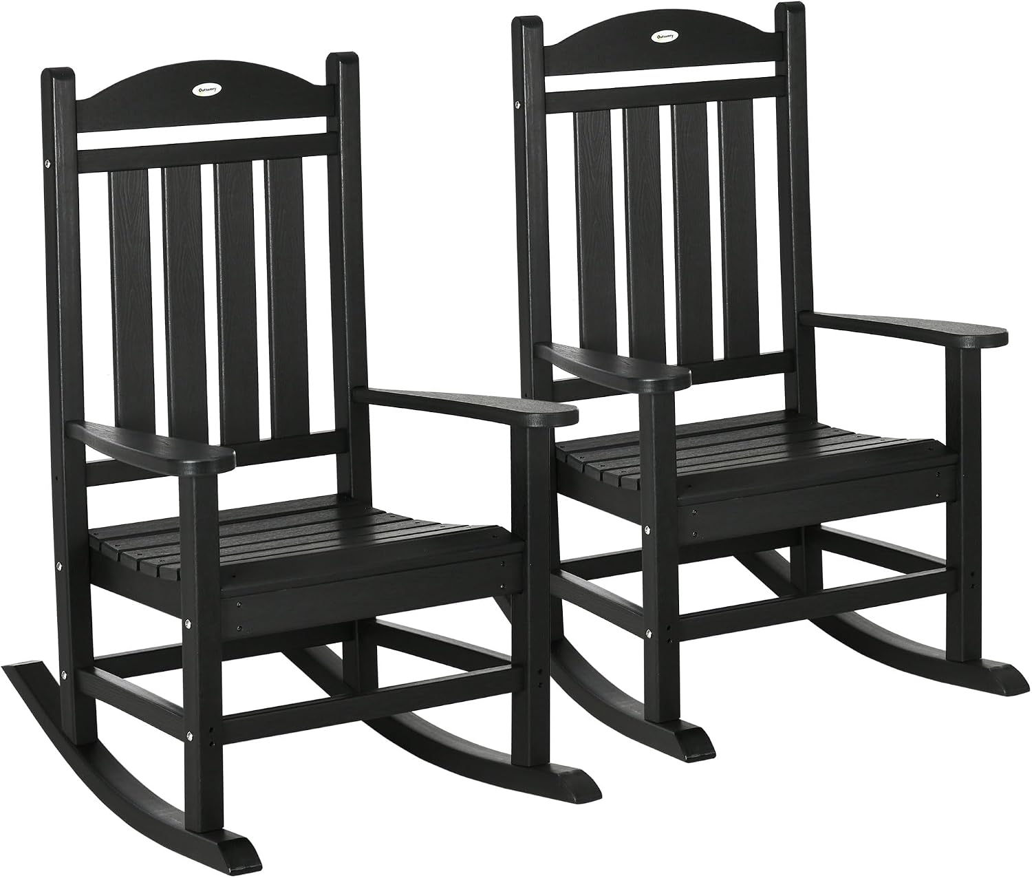 Outsunny 2 Pieces Outdoor Rocking Chair, All Weather-Resistant HDPE Rocking Patio Chairs with Rustic High Back, Armrests, Oversized Seat and Slatted Backrest, 350lbs Weight Capacity, Black