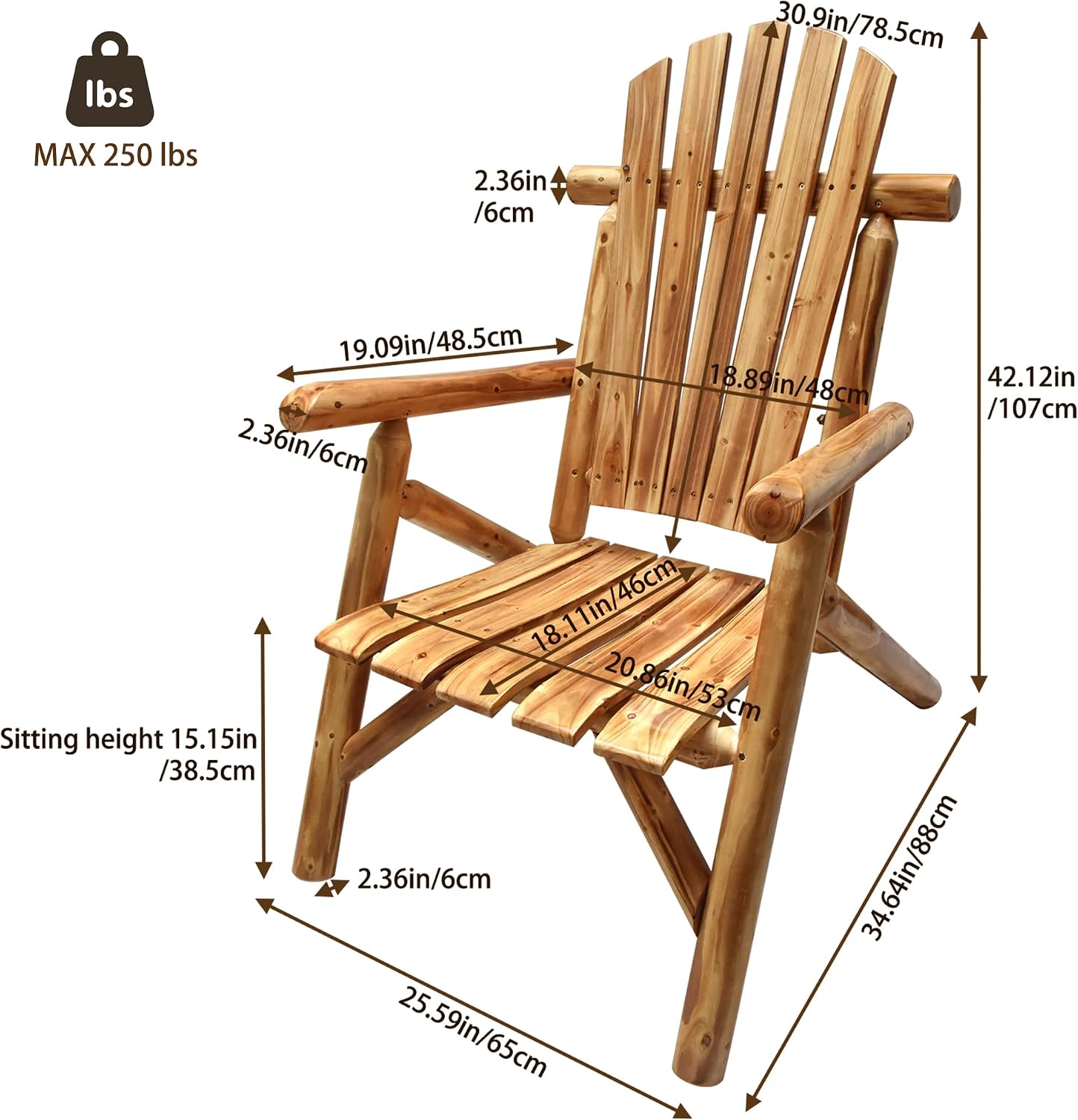 DJL Adirondack Wooden Chair Set of 2 Outdoor Patio Lounge Log Cabin Furniture Rustic Solid Wood Comfortable Seating for Porch, Balcony, Lawn, Fire Pit, Deck, 42.12 Inches Tall, Lightly Toasted