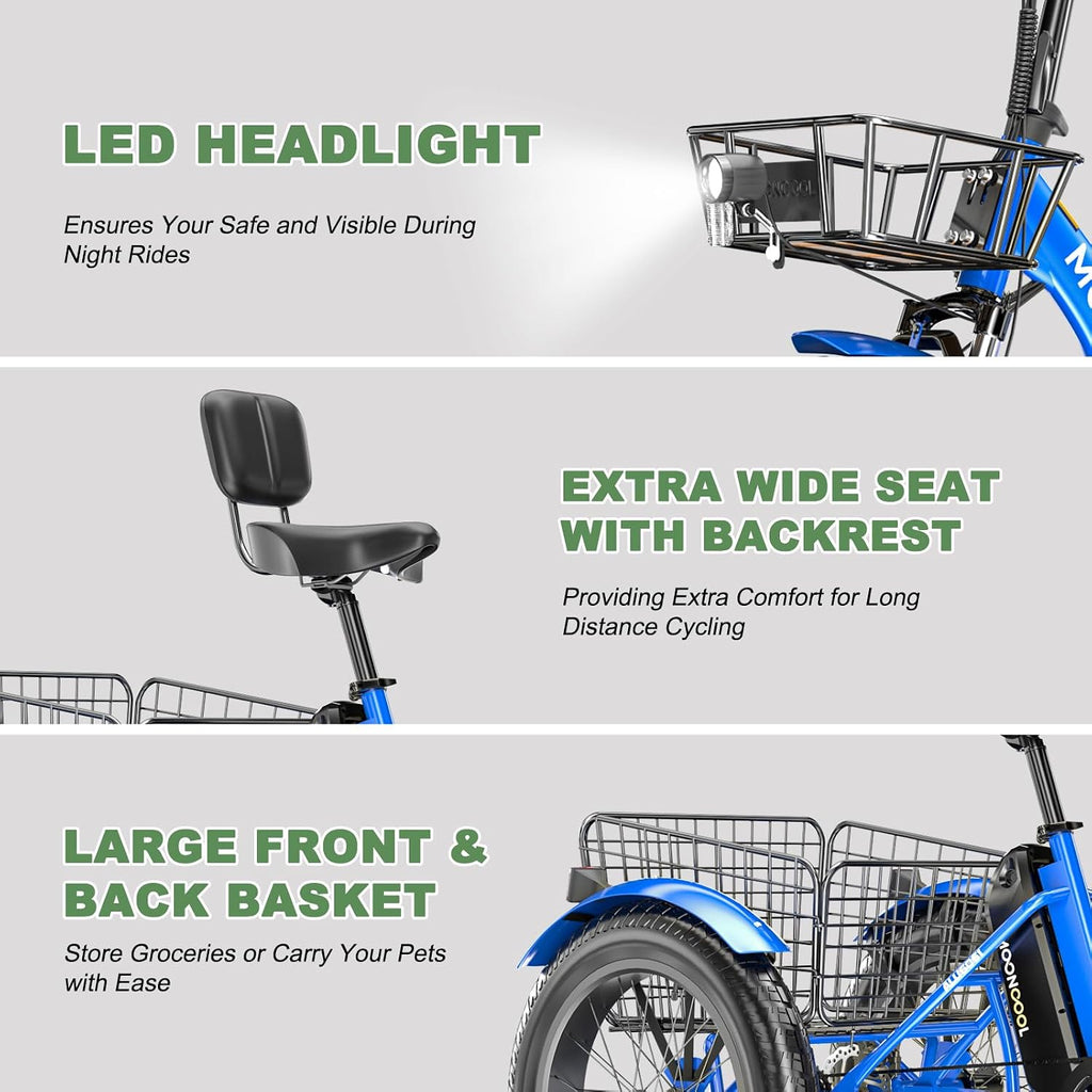 Electric Tricycle Electric Bicycle Electric Trike, 20'' 24'' 26'' 3 Wheel Electric Bike for Adults with 350W Motor, Removable Battery, Adjustable Seat and Bike Basket, Blue, ZT-E20-SL