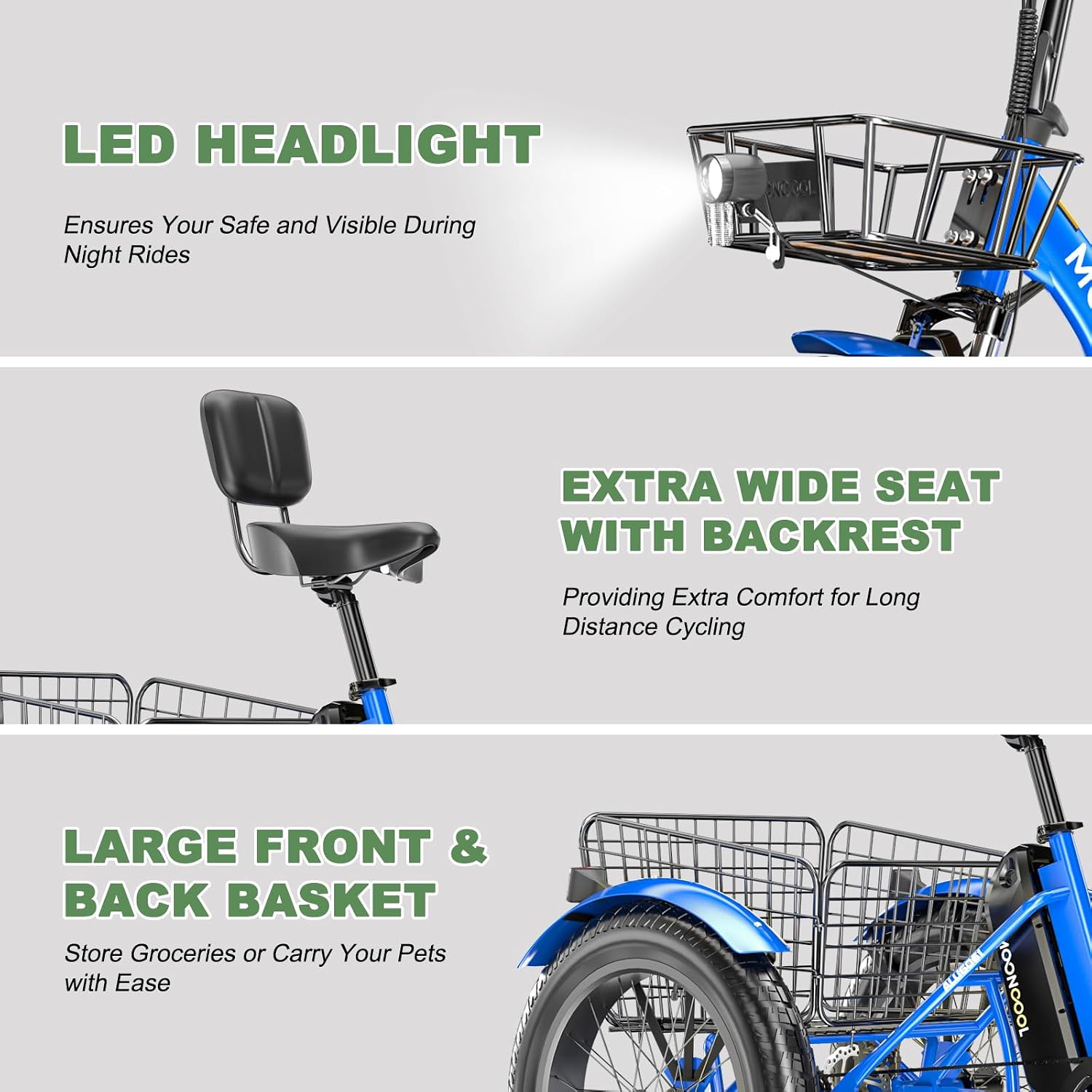 Electric Tricycle Electric Bicycle Electric Trike, 20'' 24'' 26'' 3 Wheel Electric Bike for Adults with 350W Motor, Removable Battery, Adjustable Seat and Bike Basket, Blue, ZT-E20-SL