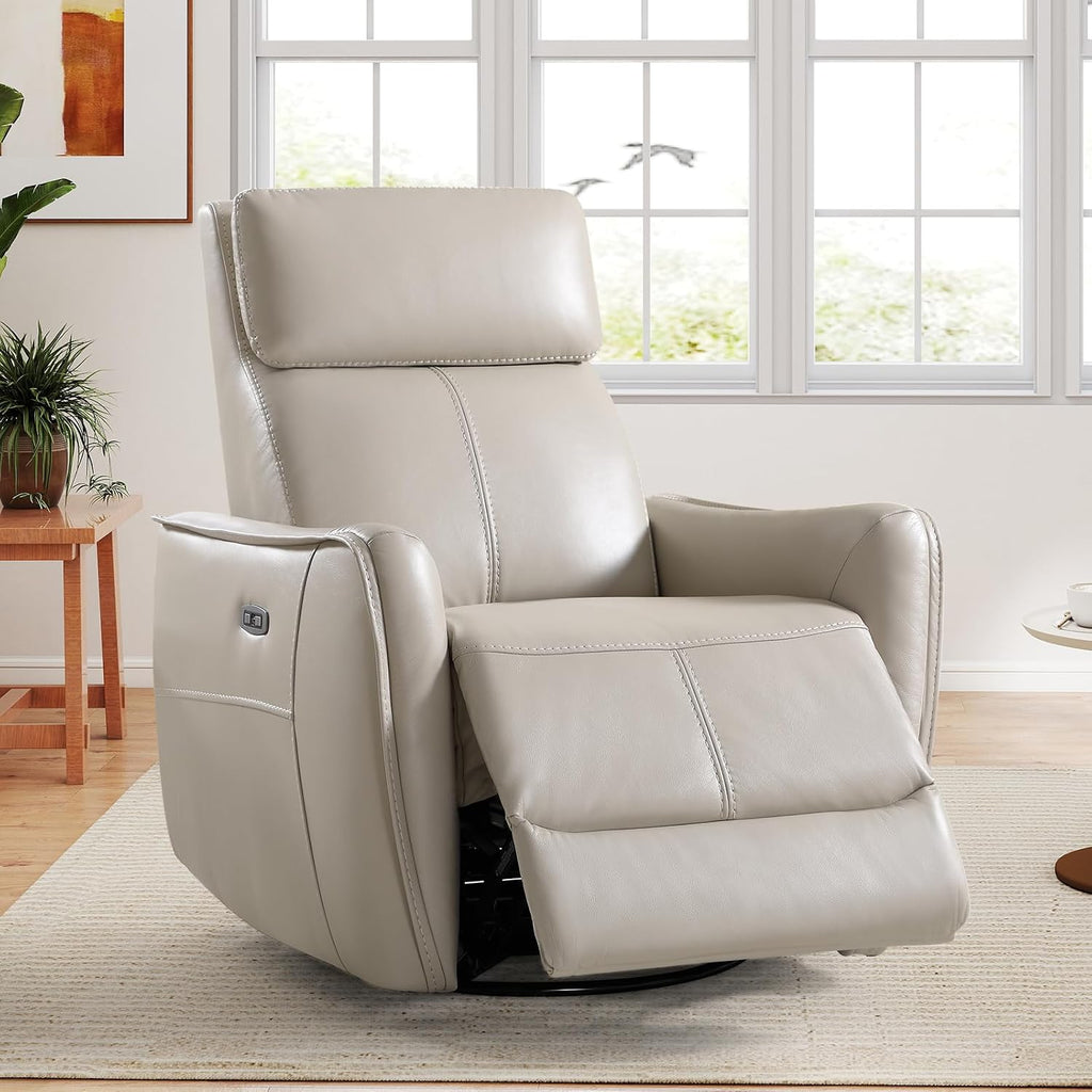 ANJ Power Swivel Rocker Recliner Chair,Nursery Rocking Chairs with USB & Type C Port,Upholstered Faux Leather Glider Rocking Chair for Living Room, Silver Gray