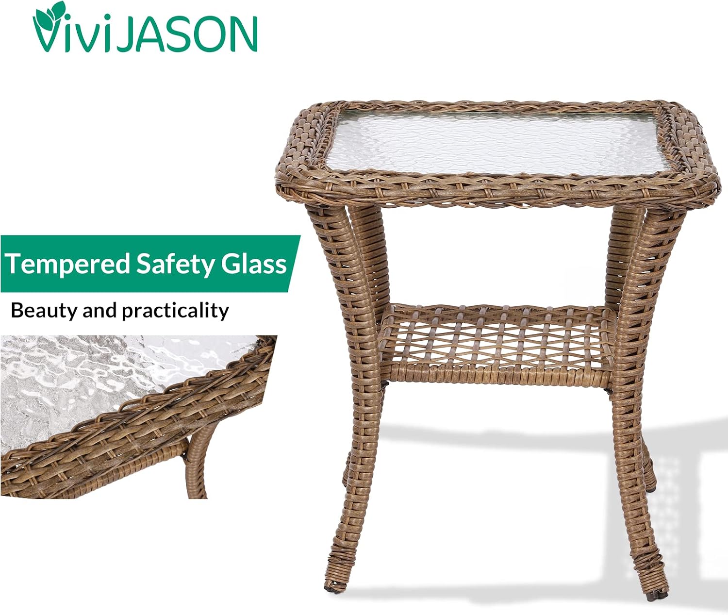 VIVIJASON 3-Piece Patio Wicker Conversation Bistro Set, Outdoor Rattan Glider Rocking Chairs, Wicker Rattan Furniture Set w/ 2 Rocking Chairs and Glass Top Side Table for Porch Backyard, Light Brown