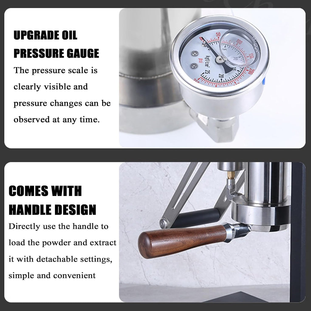 Hand Pressed Espresso Coffee Machine, an All Manual Lever Portable Espresso Maker, with Pressure Chamber, Bottomless Handle, for Cappuccino, Latte