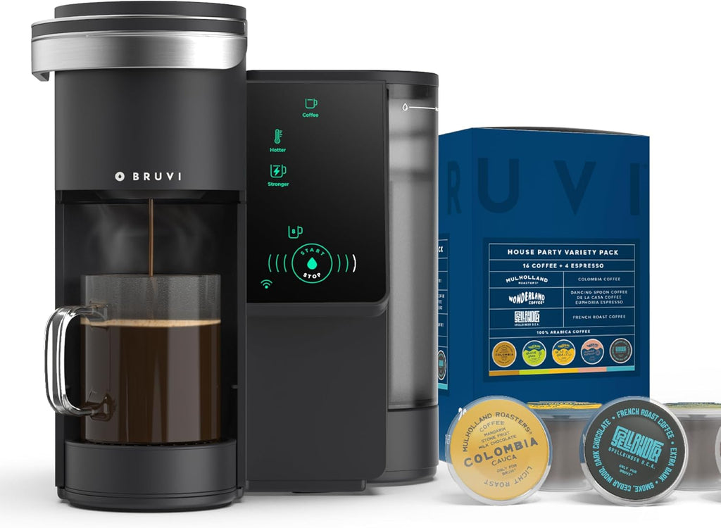 BRUVI Single-Serve Coffee Maker Bundle | Brews Coffee, Espresso, Cold Brew, Matcha Green Tea & More | Includes Brewer + 20 Variety Pods | Touchscreen, WiFi, 70 oz Tank | Black