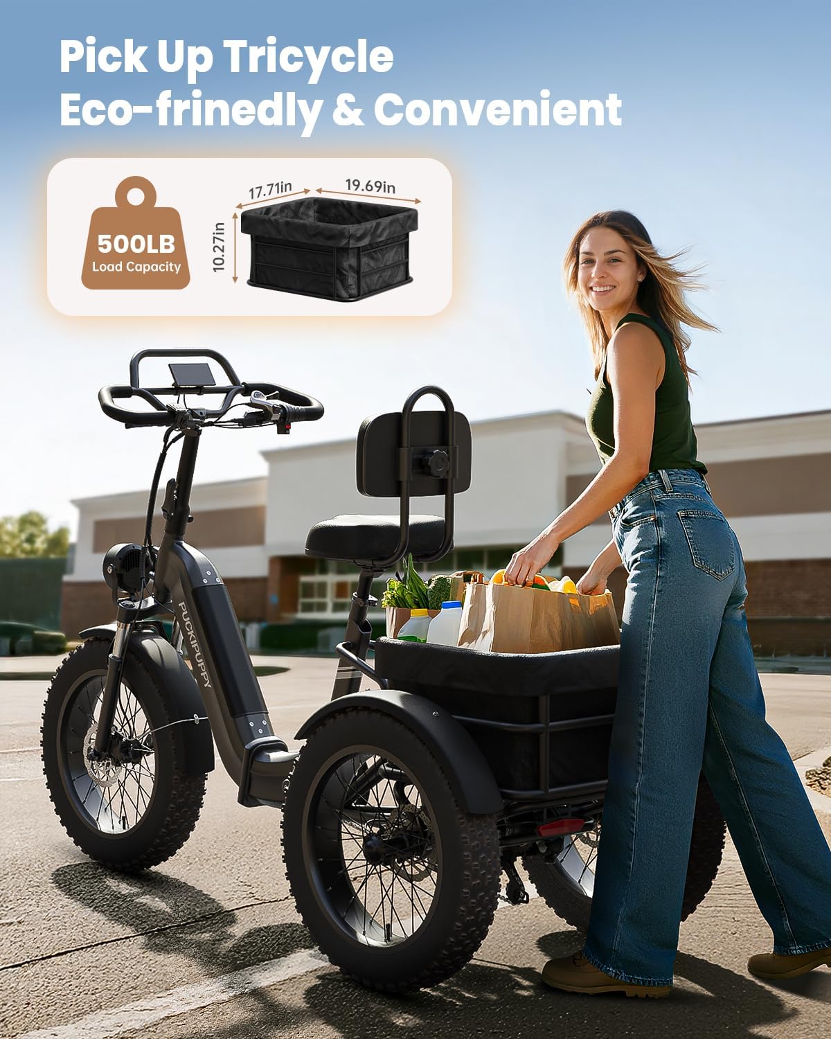 PUCKIPUPPY Electric Tricycle for Adults, Full Suspension & Reverse Gear 960W Peak Electric Trike Max 55 Miles