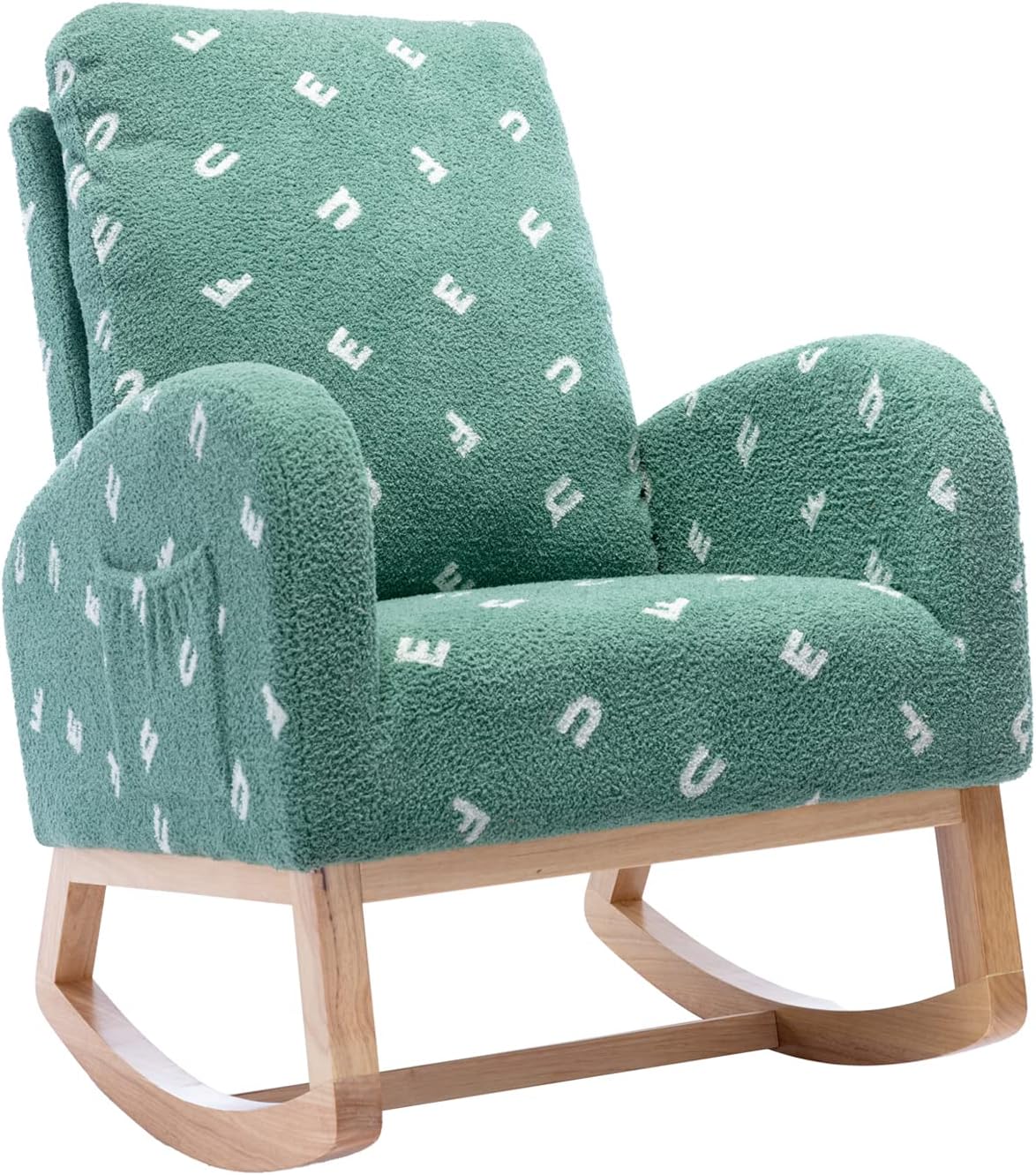 Setawix Teddy Rocking Chair for Nursery, Midcentury Modern Accent Rocker Armchair with Side Pocket, Upholstered High Back Wooden Rocking Chair for Living Room Baby Room Bedroom (Green Alphabet)