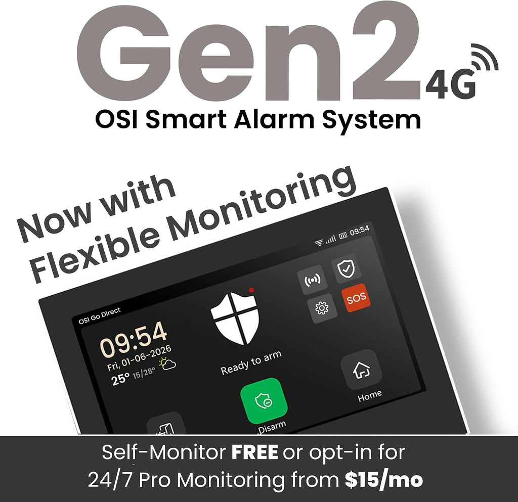 OSI Alarm System Gen 2 (4G), 11pc, DIY, Motion & Entry Sensors, Wireless Siren, Remotes, App & Alexa Compatible Self Monitor(No Monthly Fees) or Optional 24/7 Alarm Monitoring