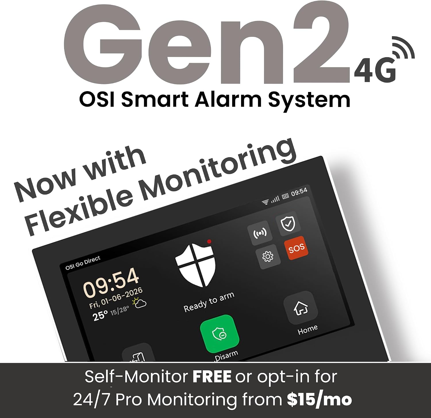 OSI Alarm System Gen 2 (4G), 11pc, DIY, Motion & Entry Sensors, Wireless Siren, Remotes, App & Alexa Compatible Self Monitor(No Monthly Fees) or Optional 24/7 Alarm Monitoring