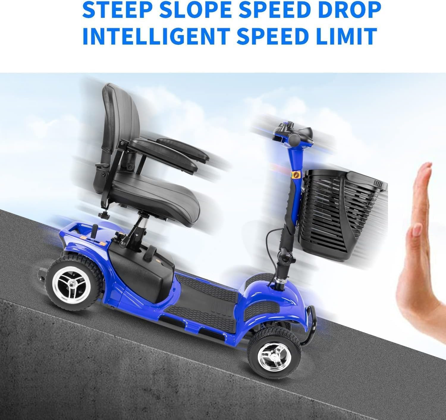 4 Wheel Mobility Scooters for Adults，Collapsible Compact Electric Scooter，Heavy Duty Powered Mobile Wheelchair Device with Lights，Basket and Long-Lasting Battery（Blue）