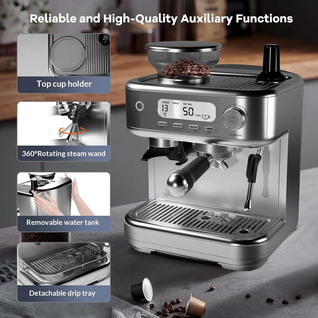 GarveeLife Espresso Machine with Grinder, Professional Coffee and Espresso Maker Combo, Stainless Steel Cafe Espresso Machine with Steam Wand Barista Kit for Cappuccino Latte