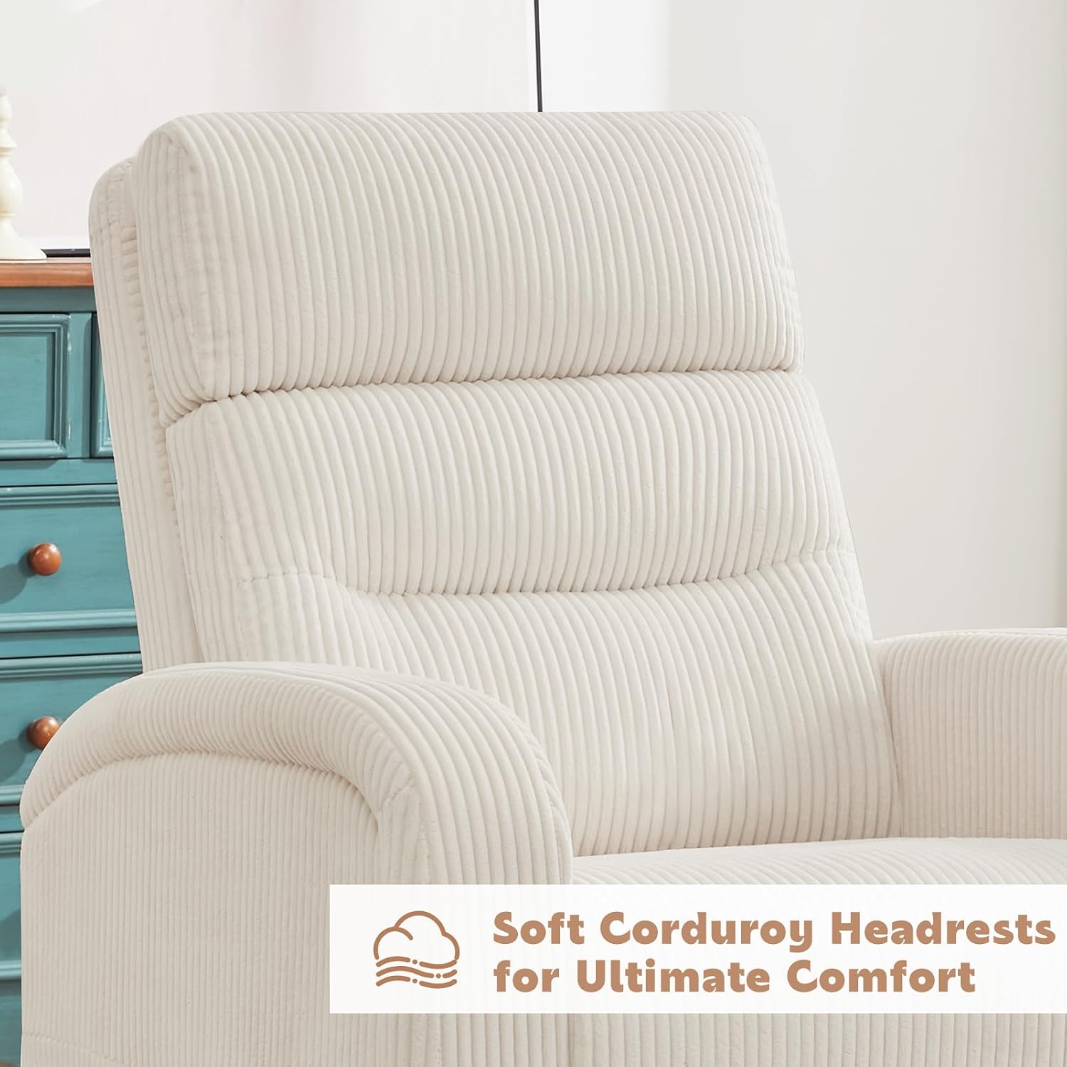 Swivel Rocker Recliner Glider Rocking Chair for Nursery, Corduroy Recliner with Chunky Cushion, Manual Swivel Recliner Chair for Living Room, Bedroom, Nursery(White)