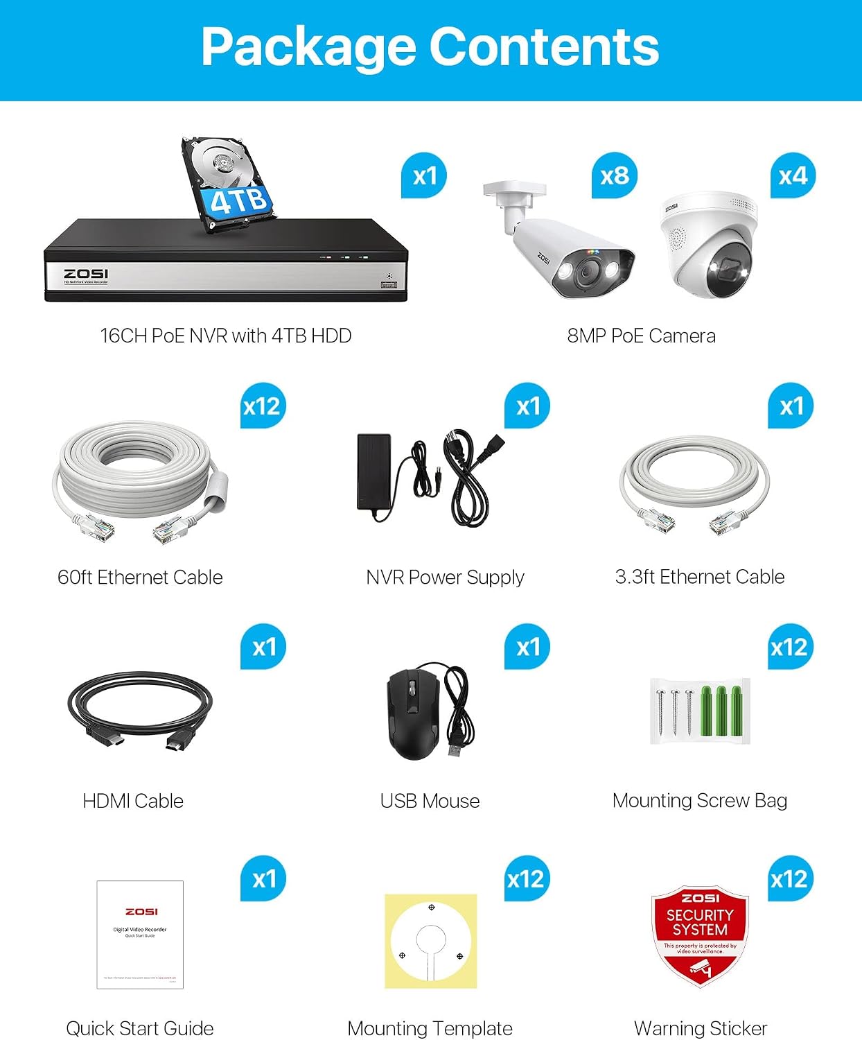 ZOSI 4K Security Camera System, 12X 8MP PoE IP Camera for Outdoor Monitoring with Smart Person Detection, Spotlight Alarm, Color Night Vision, 16CH 4TB HDD NVR for 24/7 Video and Audio Surveillance