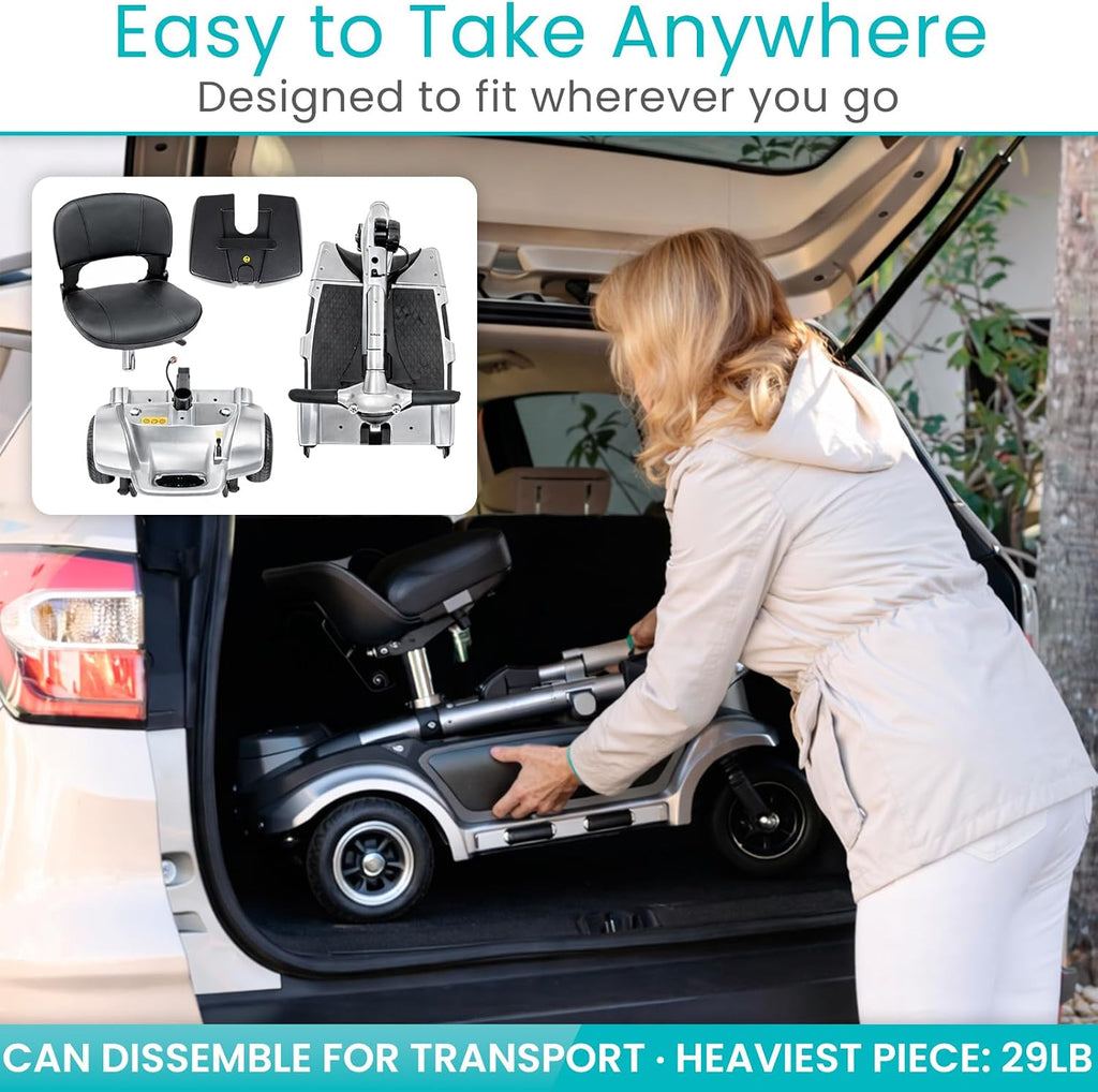 Vive 3 Wheel Mobility Scooter - Electric Powered Mobile Wheelchair Device for Adults - Folding, Collapsible and Compact for Travel - Long Range Power Extended Battery with Charger and Basket Included